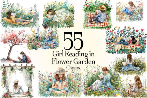 Download Girl Reading in Flower Garden Clipart - Premium Resources
