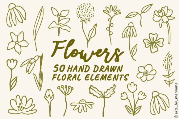 Download 50 Hand Drawn Flowers, Botanical Element - Hand drawn Collection